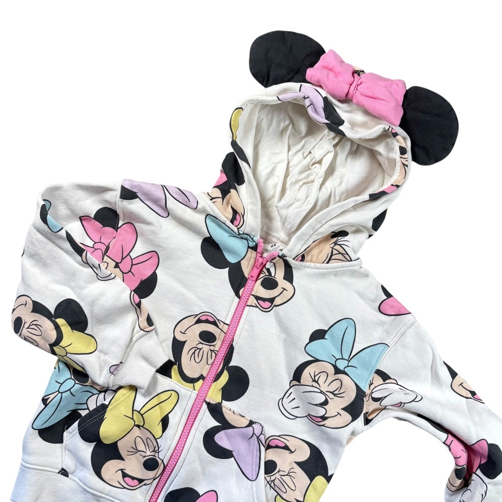 H&M Minnie Mouse Zip Up Hoodie Girls Size 5T-6 White Pink Ear Hood Bow Disney
